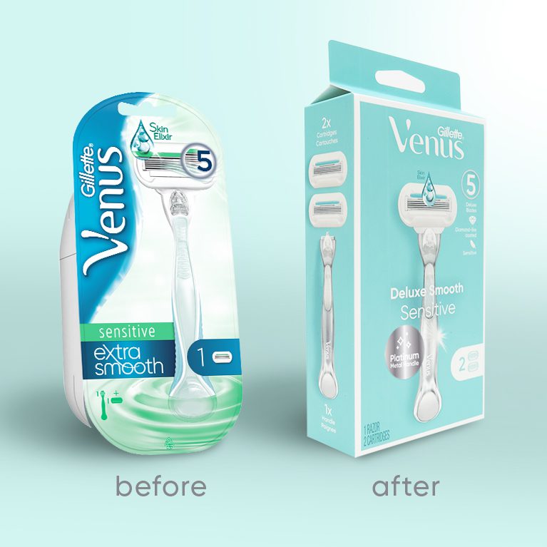 Before and after photograph of Gillette Venus deluxe smooth razor packaging, showcasing new, eco-friendly and plastic-free recyclable packaging.