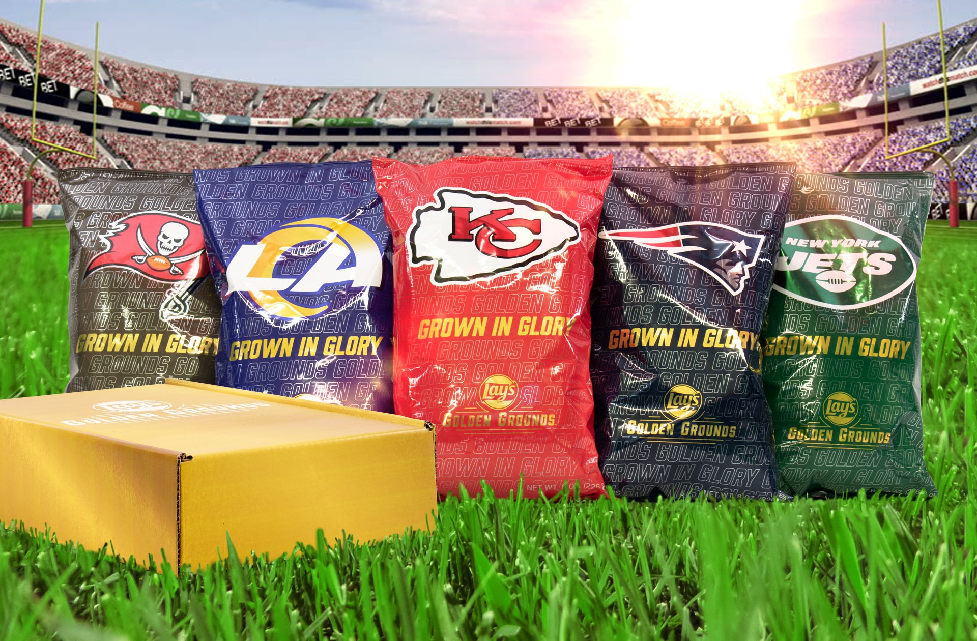 Render of five different bags of Lays with limited edition packaging themed around an NFL team, next to the consumer sweepstake prize box.