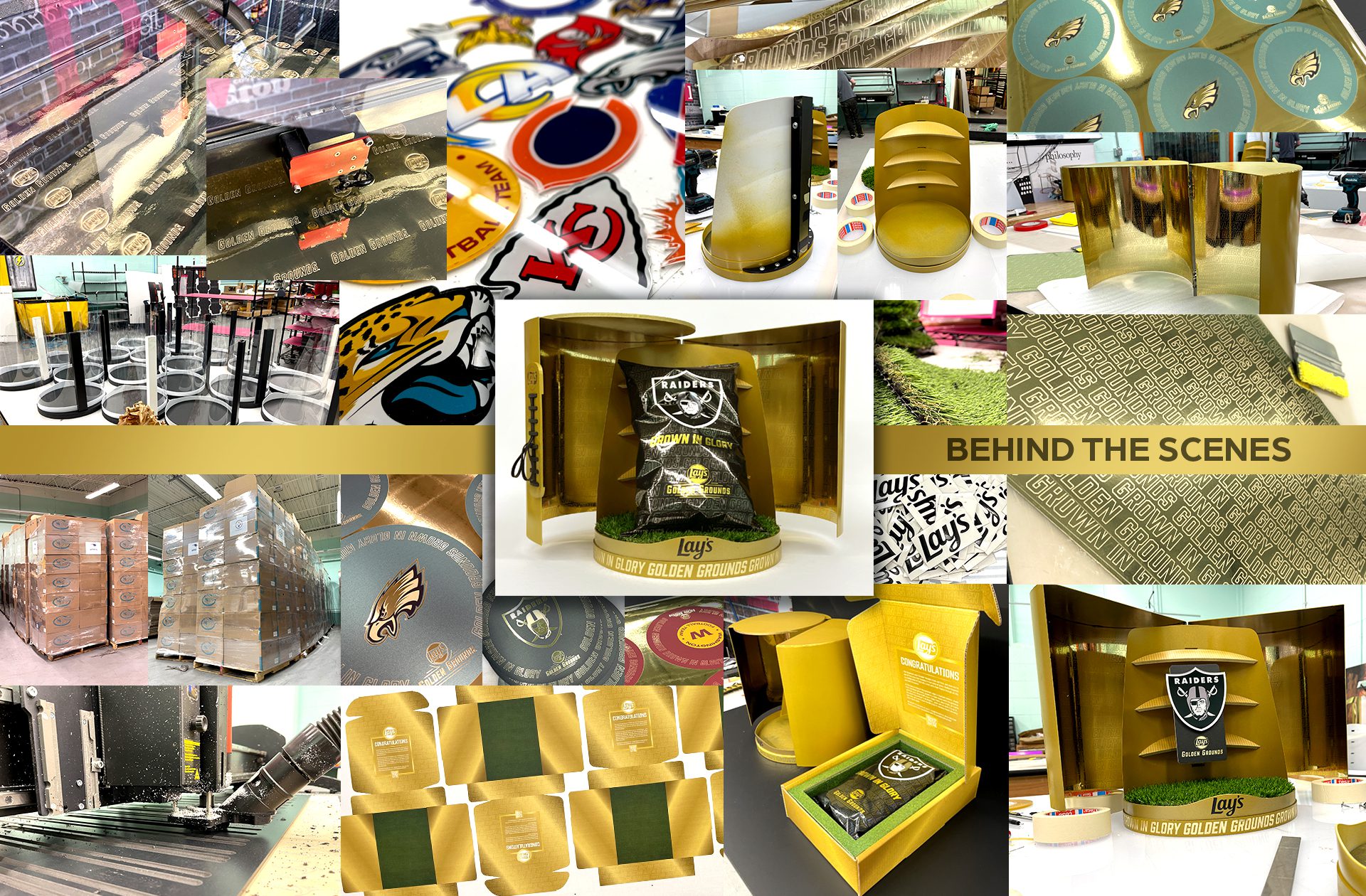 Collage of photographs from the production process for an influencer unboxing experience themed around fifferent NFL teams for Lays Golden Grounds.