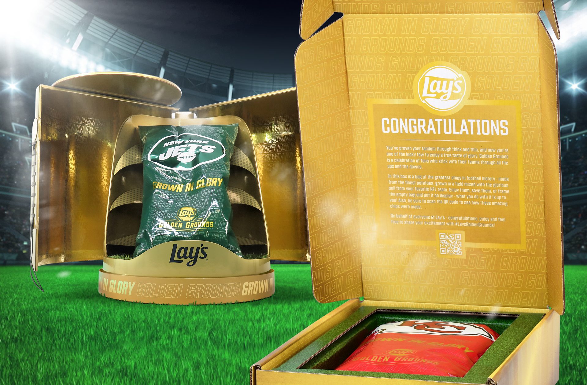 Render a consumer sweepstake prize box and an influencer unboxing experience for Lays Golden Grounds, both opening up to reveal different bags of Lays with limited edition packaging themed around an NFL team.