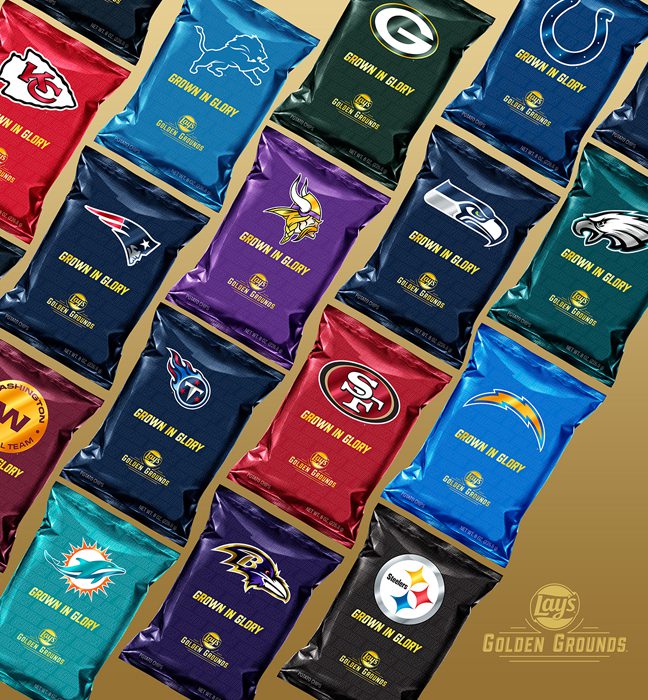 Collage of limited edition NFL themed packaging for Lays Golden Grounds.