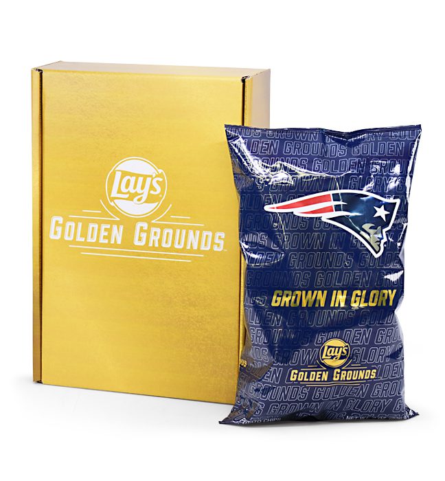 Photograph of a consumer sweepstake prize for Lays Golden Ground next to a limited edition pack themed around an NFL team.