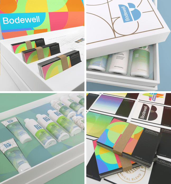 Collage of photos of color targets & pre-press files used byproduct packaging printing agency for the Bodewell haircare rebrand.