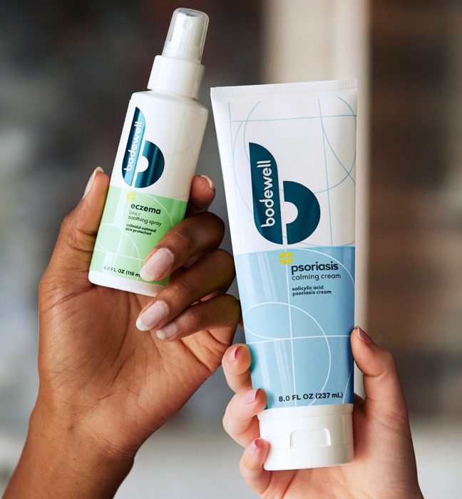 Product photography of two different Bodewell haircare products after the rebrand, showcasing cleaner coloring, use of metallic foils and inks achieved with color targets & pre-press files.