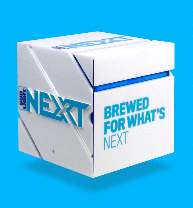 Animated gif of a rotating brand activation kit & influencer unboxing experience promoting the launch of BUD LIGHT NEXT.