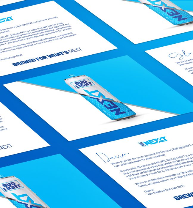 Close-up photography of the custom personalized notes included with a brand activation kit & influencer unboxing experience promoting the launch of BUD LIGHT NEXT.