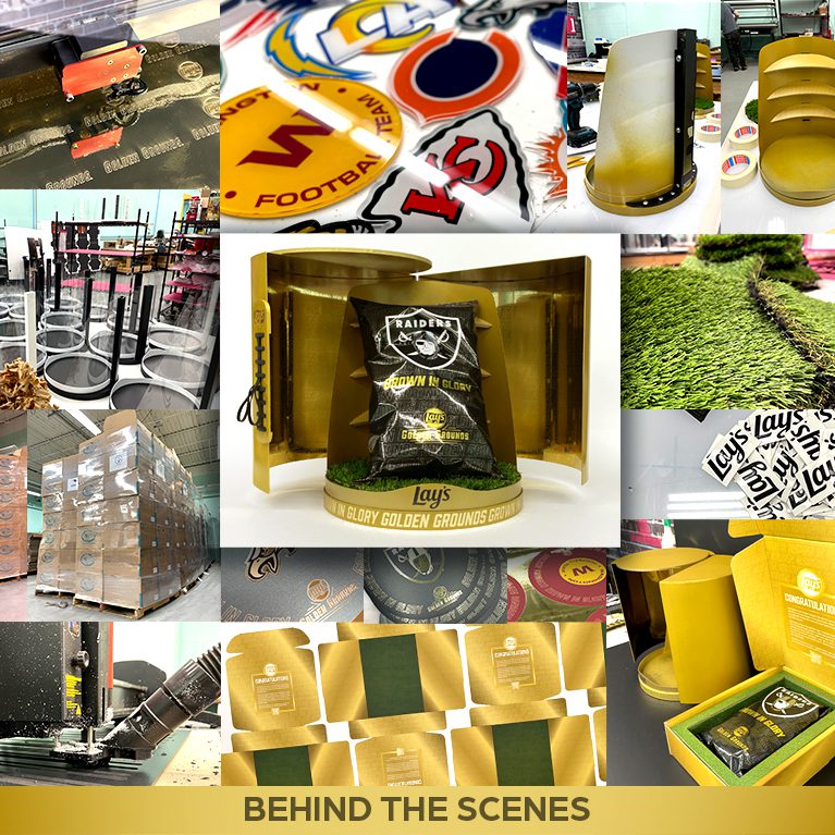 Collage of photographs from the porduction process for an influencer unboxing experience themed around fifferent NFL teams for Lays Golden Grounds.