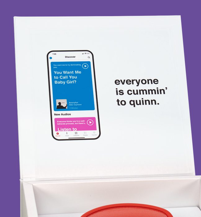 Close up shot of the inside of an Influencer Unboxing Experience for the Quinn app, showcasing the platform.