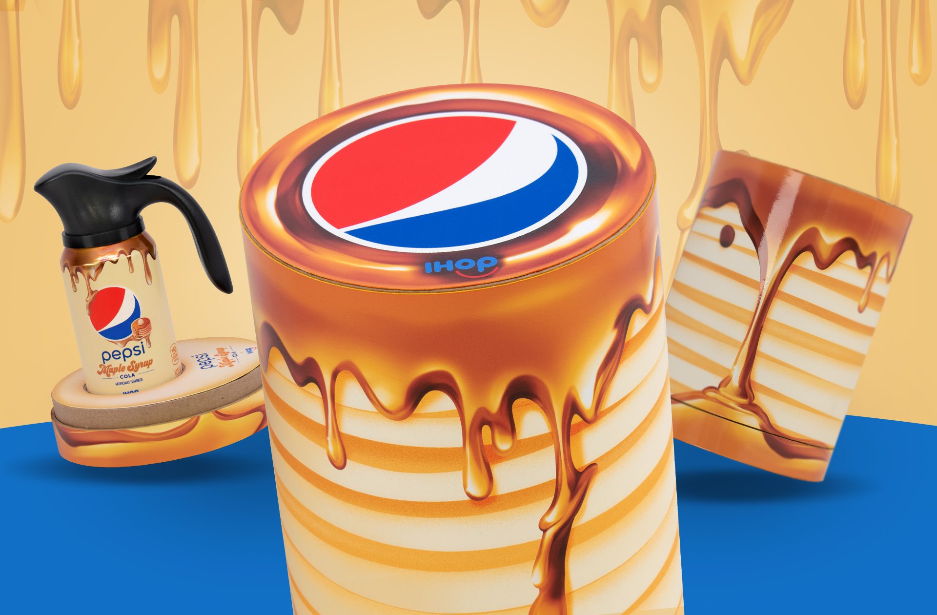 Photograph of an influencer unboxing experience promoting the limited edition IHOP x Pepsi maple syrup flavor, featuring a can of cola with a custom Pepsi Spout, inspired by the iconic IHOP syrup pitchers.