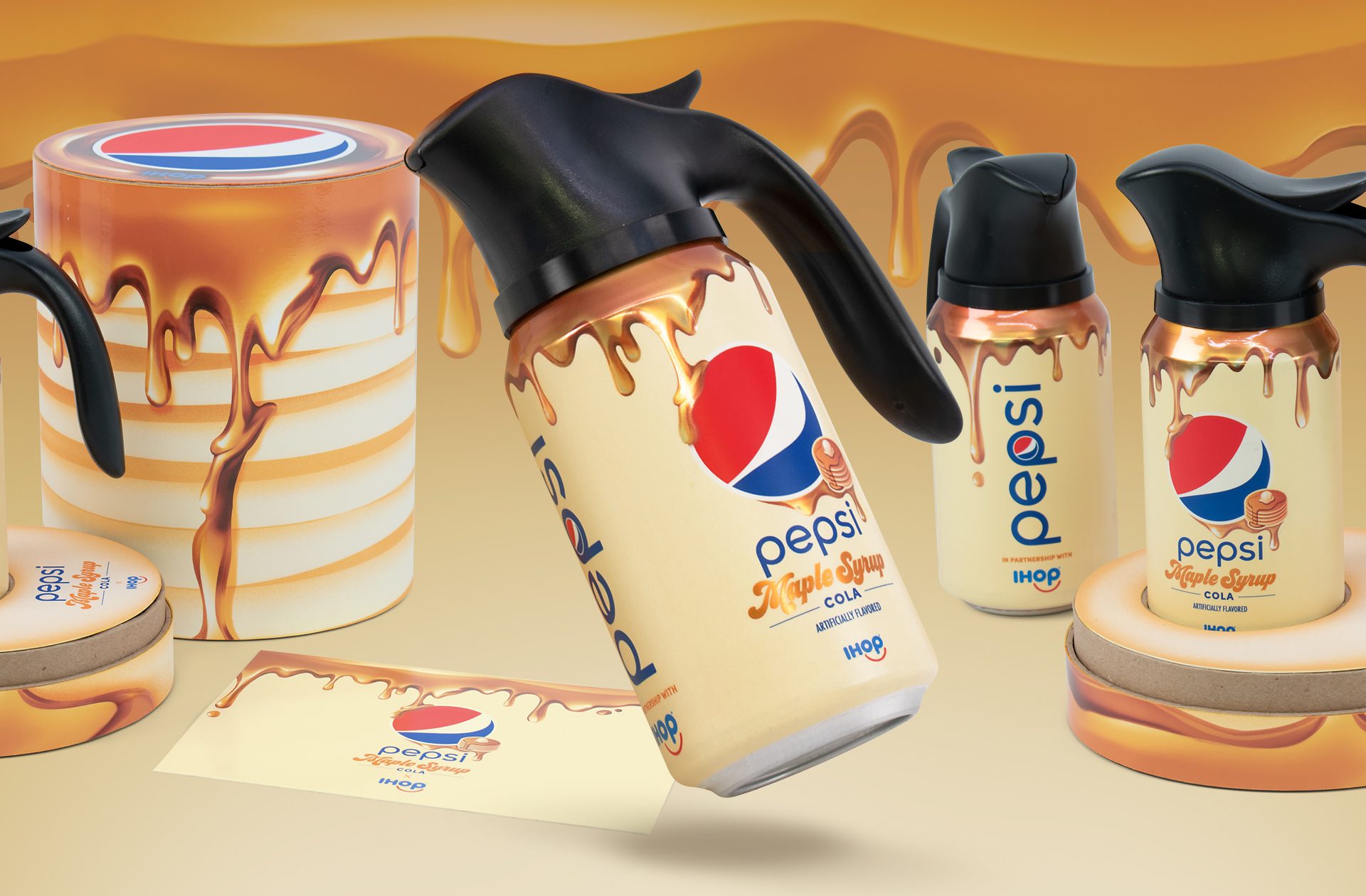 Render of an influencer unboxing experience promoting the limited edition IHOP x Pepsi maple syrup flavor, featuring three cans of cola with custom Pepsi Spouts, inspired by the iconic IHOP syrup pitchers, and a customized note for influencers.