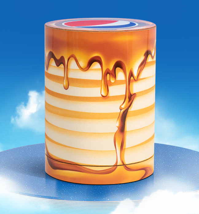 Animated GIF of a rotating influencer unboxing experience promoting the limited edition IHOP x Pepsi maple syrup flavor.