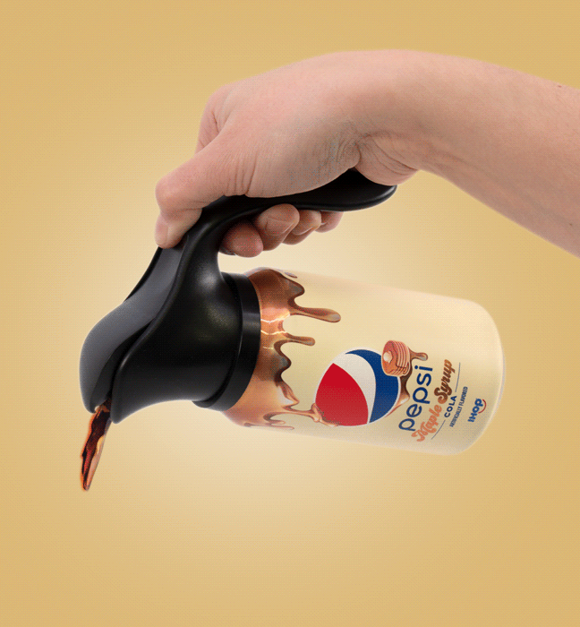 Animated GIF of a can of cola being poured with a custom Pepsi Spout, inspired by the iconic IHOP syrup pitchers, from an influencer unboxing experience promoting the limited edition IHOP x Pepsi maple syrup flavor.