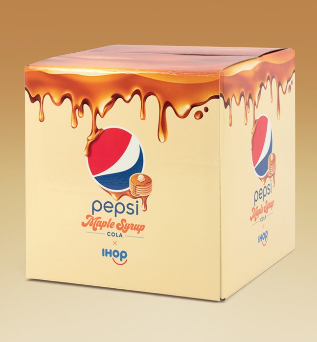 Photograph of the custom shipping box for an influencer unboxing experience promoting the limited edition IHOP x Pepsi maple syrup flavor.