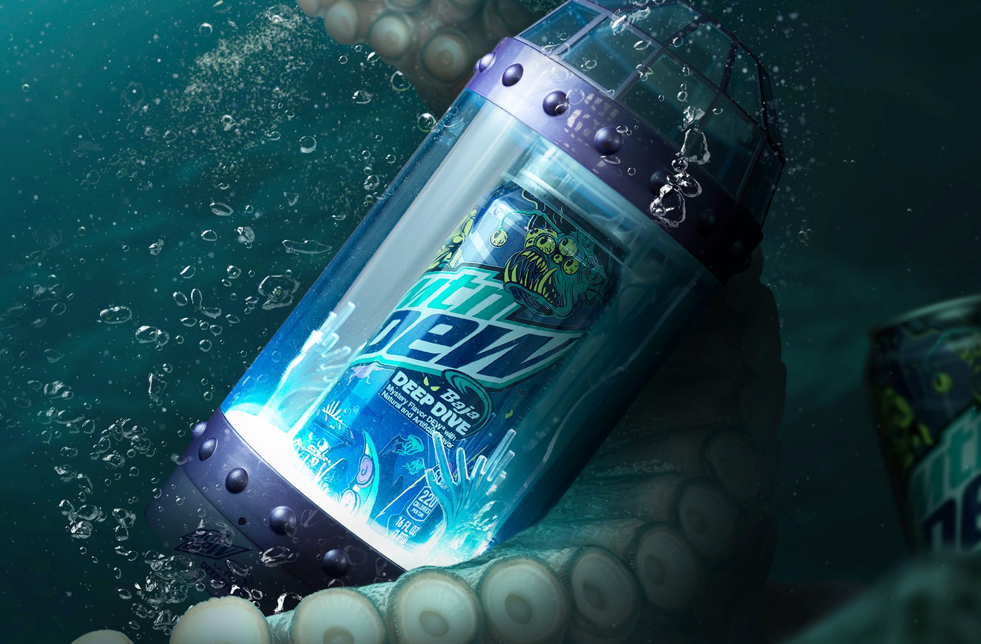 Render of a tentacle grabbing an influencer unboxing experience for Mountain Dew's summer of baja, promoting Baja Deep Dive.