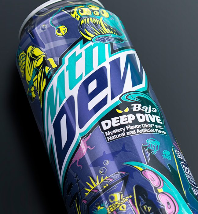Close-up shot of the design on a can of Baja Deep Dive.
