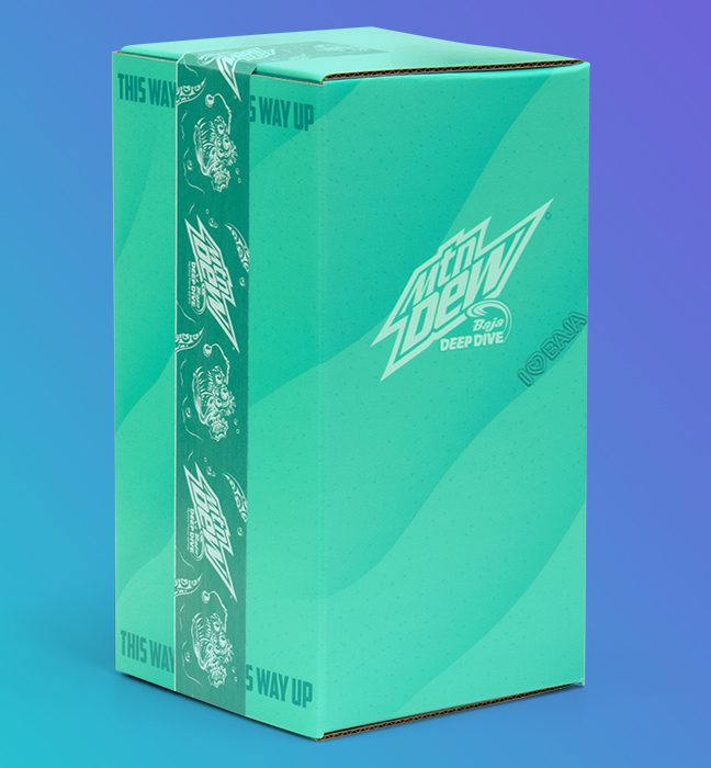 Close-up shot of the custom mailer box and tape of an influencer unboxing experience for Mountain Dew's summer of baja, promoting Baja Deep Dive.