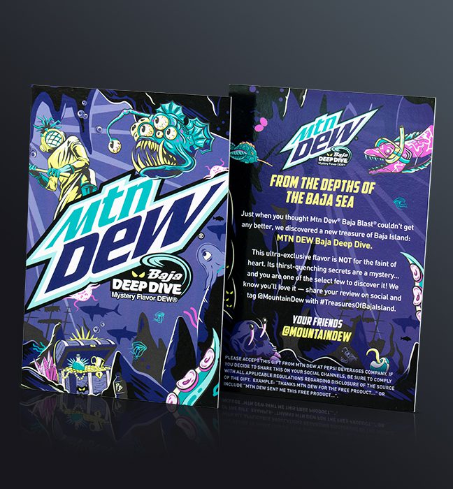 Close-up shot of the custom message cards inside an influencer unboxing experience for Mountain Dew's summer of baja, promoting Baja Deep Dive.