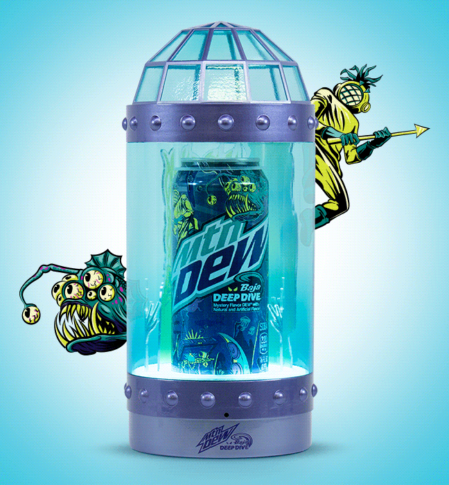 Animated GIF of a rotating influencer unboxing experience for Mountain Dew's summer of baja, promoting Baja Deep Dive
