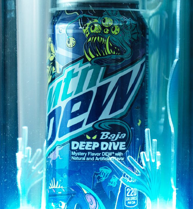 Close-up shot of an influencer unboxing experience for Mountain Dew's summer of baja, promoting Baja Deep Dive