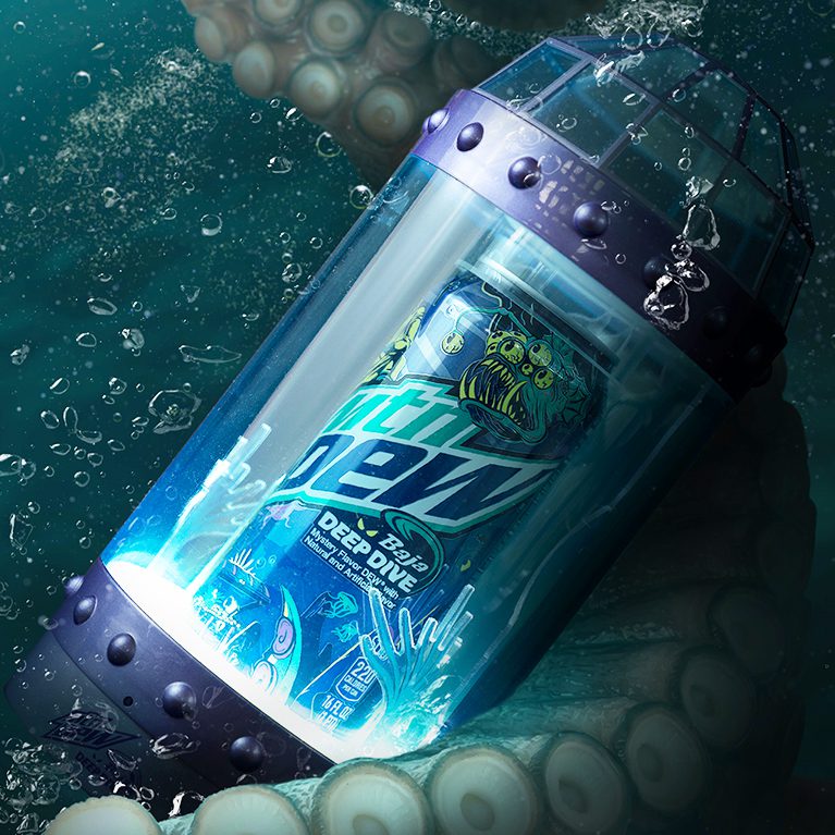 Render of a tentacle grabbing an influencer unboxing experience for Mountain Dew's summer of baja, promoting Baja Deep Dive.