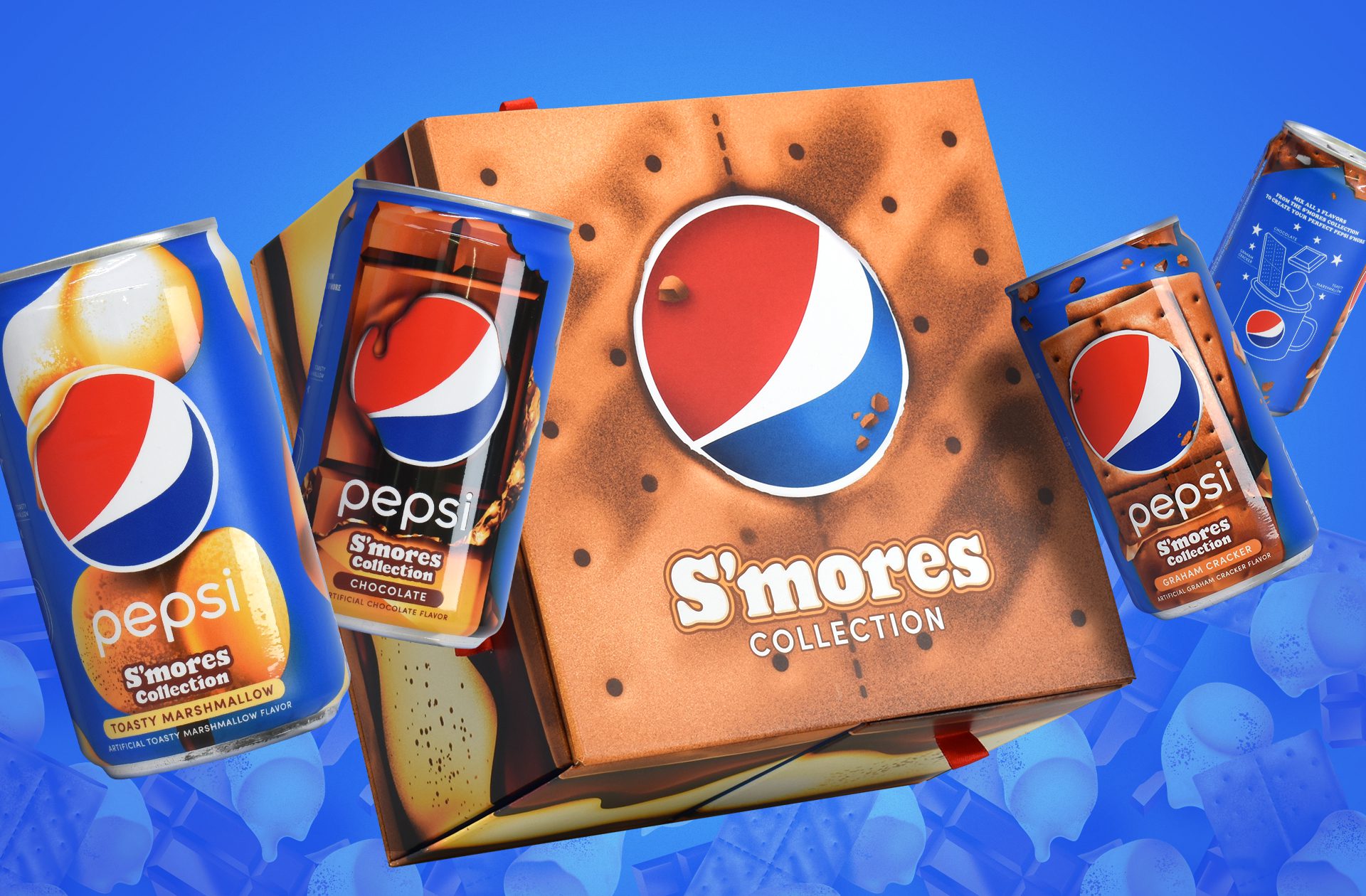Beauty shot of an Influencer Unboxing Experience promoting the limited time Pepsi S’mores collection, together with four cans of Pepsi in different promotional flavours.