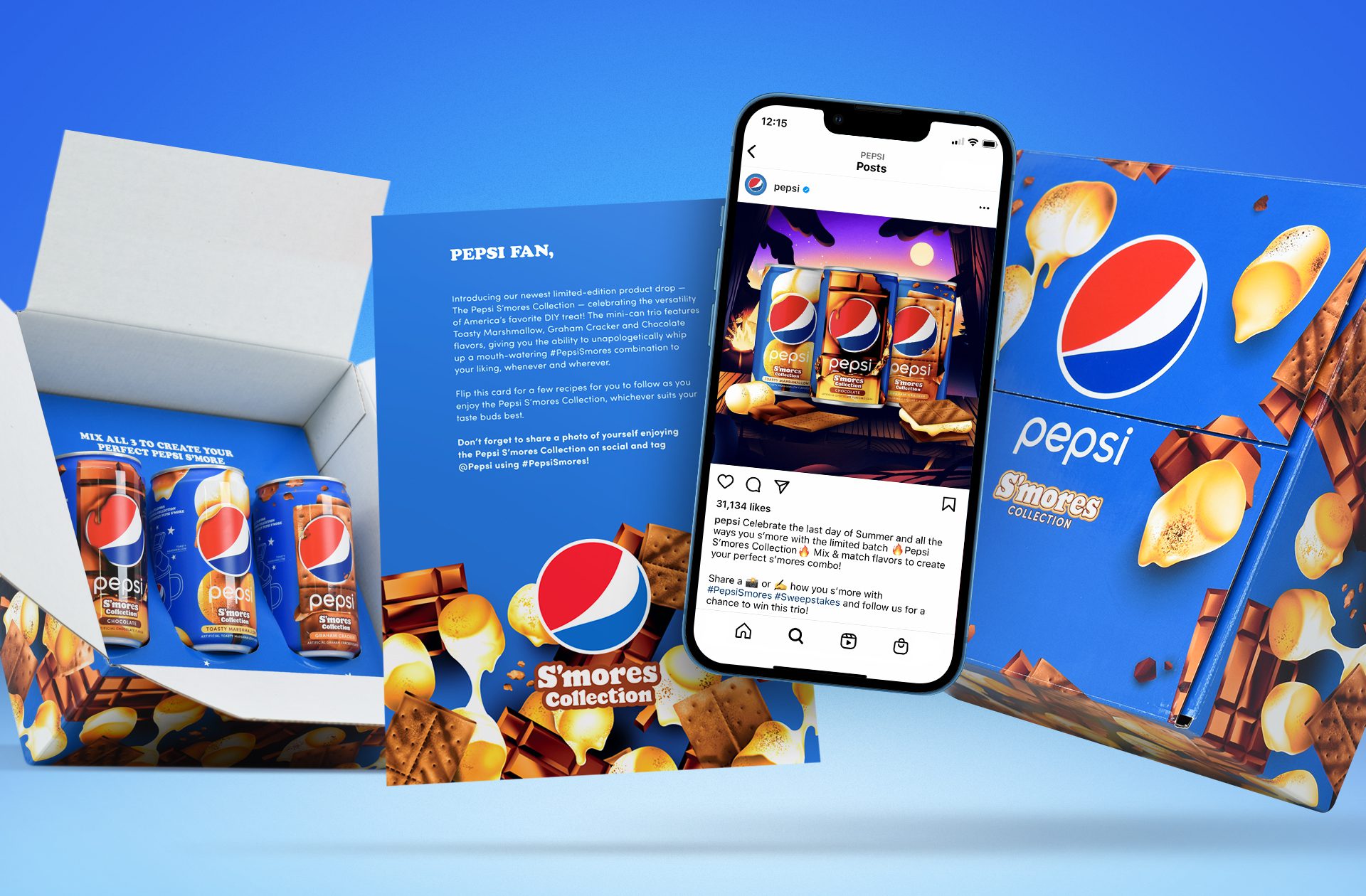 Collage of photos of the Consumer kit for sweepstakes winners of the limited tim the Pepsi S’mores Collection.