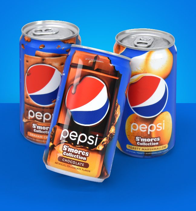 Close-up shot of all three limited time flavours for the Pepsi S’mores collection.