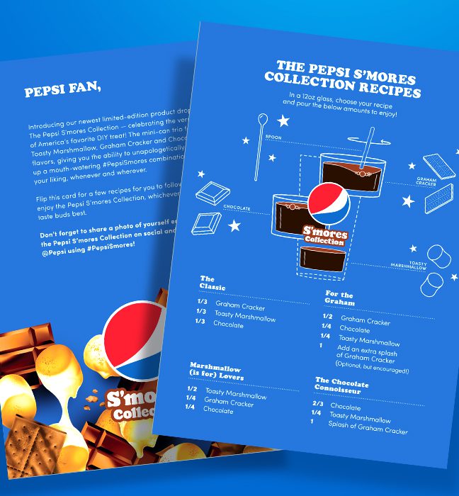 Close-up shot of the cutsom recipes using the three limited time flavours in the Pepsi S’mores collection.