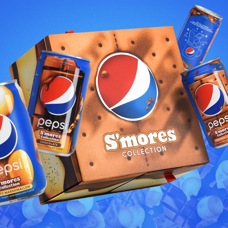 Beauty shot of an Influencer Unboxing Experience promoting the limited time Pepsi S’mores collection, together with four cans of Pepsi in different promotional flavours.