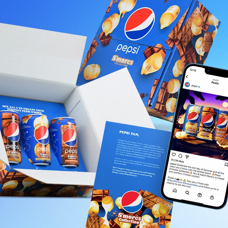 Collage of photos of the Consumer kit for sweepstakes winners of the limited tim the Pepsi S’mores Collection.