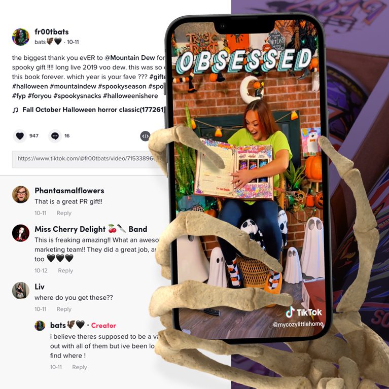 Collage of screenshots of the influencer reactions to a halloween themed influencer unboxing experience for Mountain Dew Voodew.