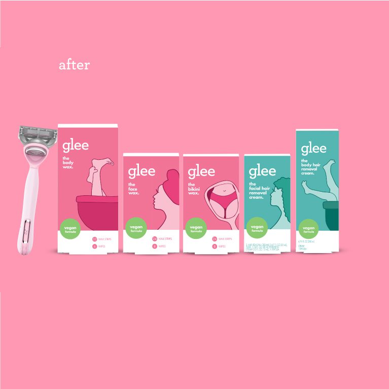 Photograph of a razor and five products from the Gillette Joy Glee product line of waxes and hair removal creams, showing the new packaging design after the brand refresh done by a product packaging design agency.