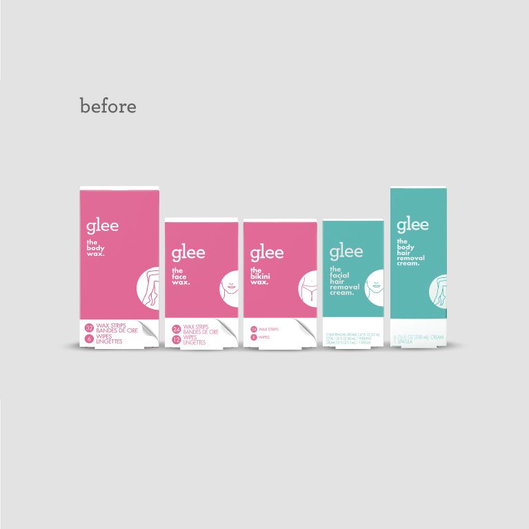 Photograph of five products from the Gillette Joy Glee product line of waxes and hair removal creams, showing the old packaging design before the brand refresh done by a cpg packaging design agency.