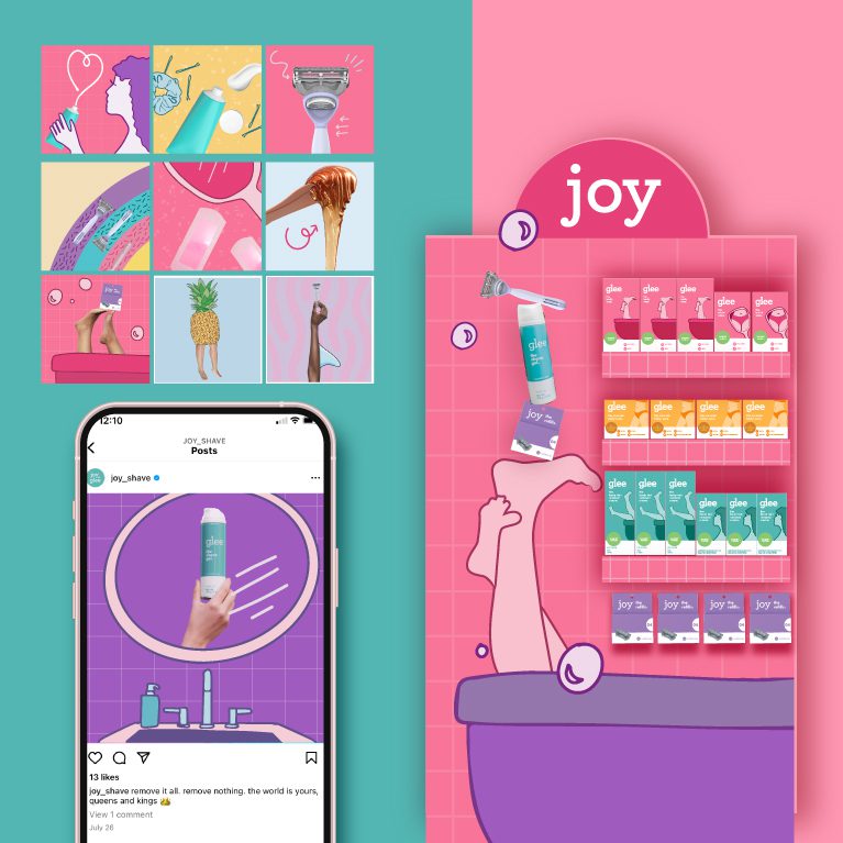 Render of a social media feed and a retail in store display for Gillette Joy Glee, showcasing brand world and identity design services for cpg.
