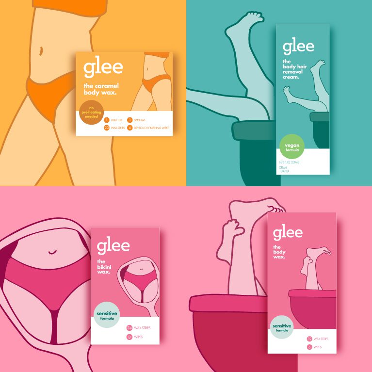 Collage of four different products from the Gillette Joy Glee product line of waxes and hair removal creams, showing the refreshed packaging created by a product packaging design agency.