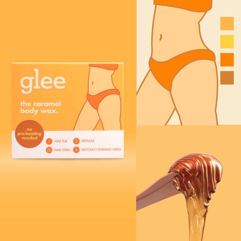 Collage of photographs and illustrations of the Gillette Joy Glee caramel body wax, showcasing Cpg packaging design services.