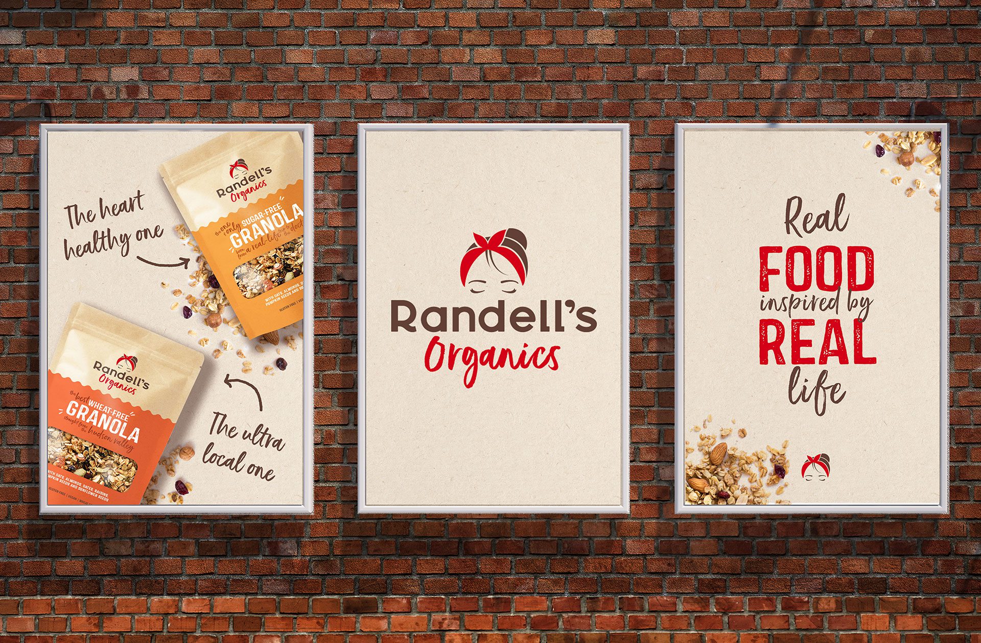 Render of three street bilboard advertisements for startup business Randell’s Organics, showcasing a brand world, logo creation and brand identity design services for consumer packaged goods.