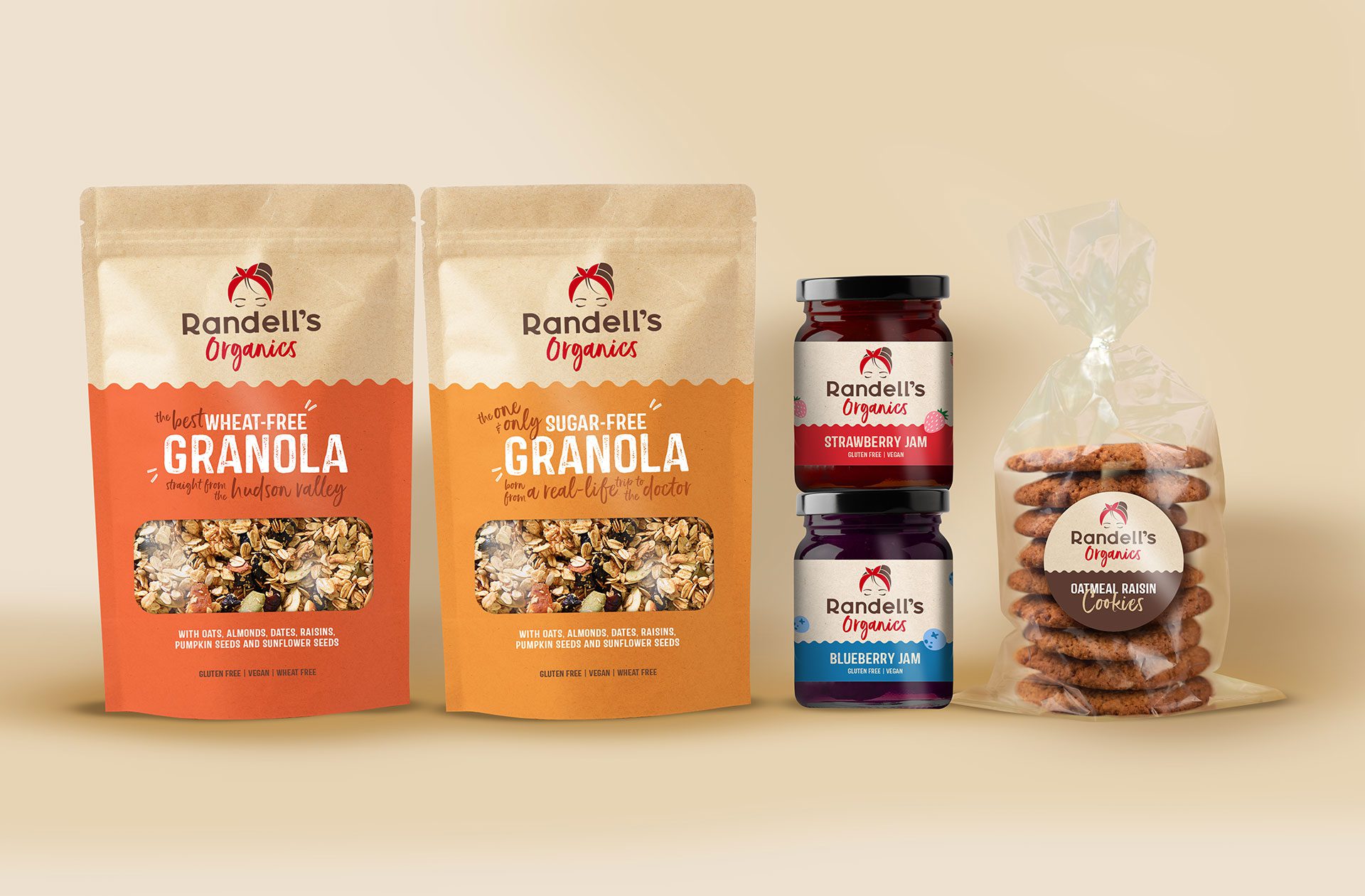 Photograph a full product line of granola, jams and cookies from Startup business Randell’s Organics, showcasing Cpg packaging design services.