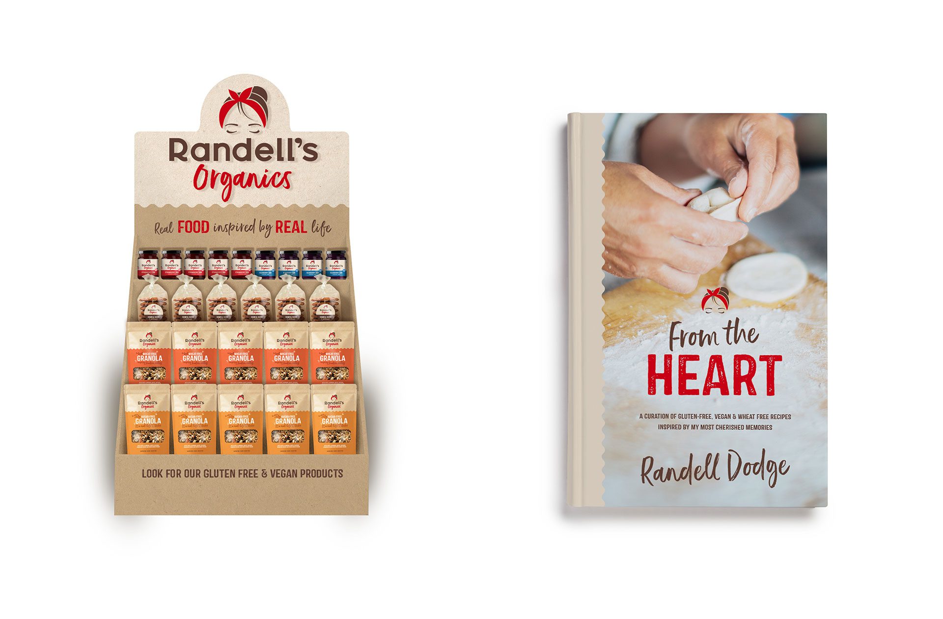 Render of a retail in store display and cookbook from startup business Randell’s Organics, showcasing a brand world and brand identity design services for consumer packaged goods.