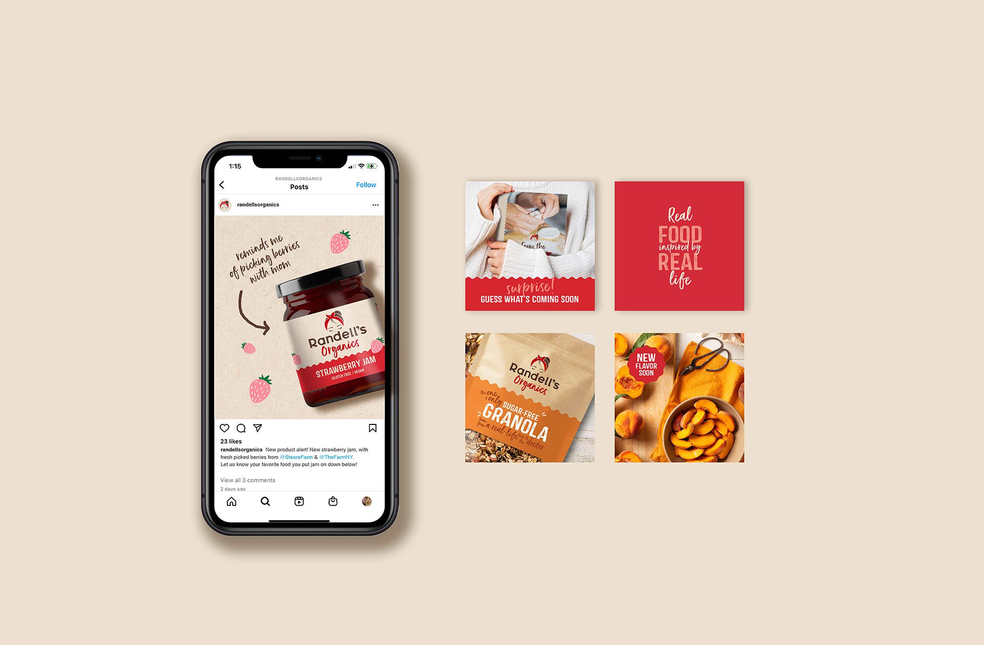 Render of a social media feed with product photography from startup business Randell’s Organics, showcasing a brand world and brand identity design services for consumer packaged goods.