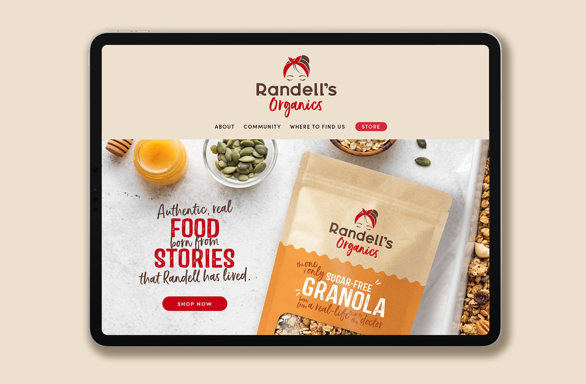 Render of a web store with product photography from startup business Randell’s Organics, showcasing a brand world brand identity design services for consumer packaged goods.