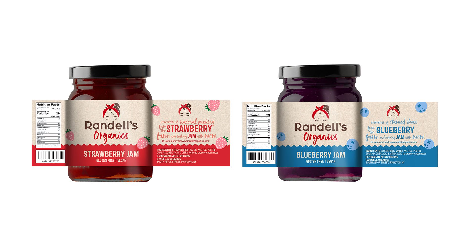 Render of two jars of Jam from startup business Randell’s Organics, showcasing packaging design services for consumer packaged goods.