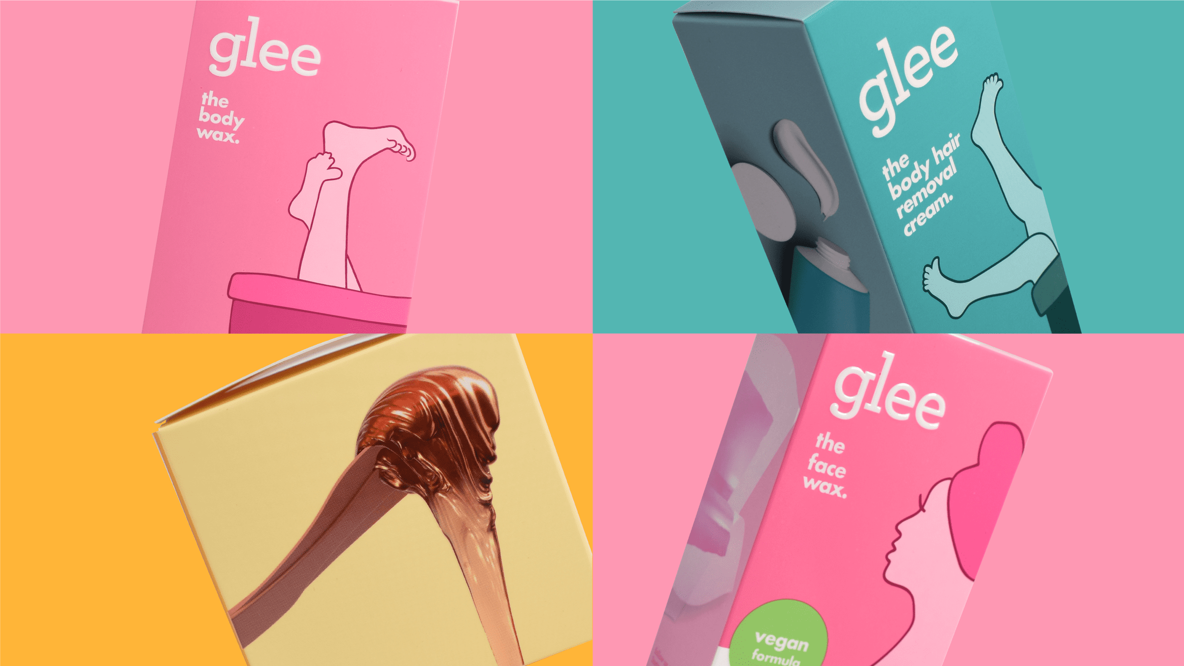Collage of photographs of four different products from the Gillette Joy Glee razor and shaving wax line, showcasing packaging design services for consumer packaged goods.
