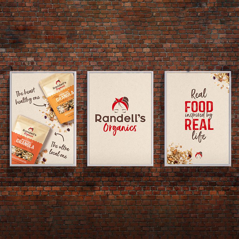 Render of three street bilboard advertisements for startup business Randell’s Organics, showcasing a brand world, logo creation and brand identity design services for consumer packaged goods.