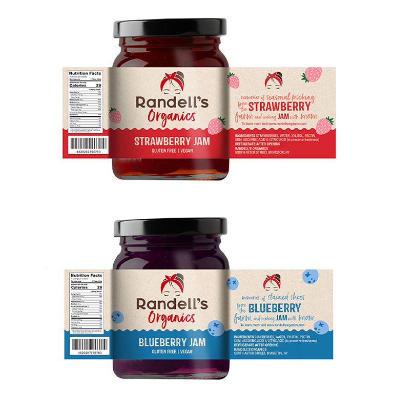 Render of two jars of Jam from startup business Randell’s Organics, showcasing packaging design services for consumer packaged goods.