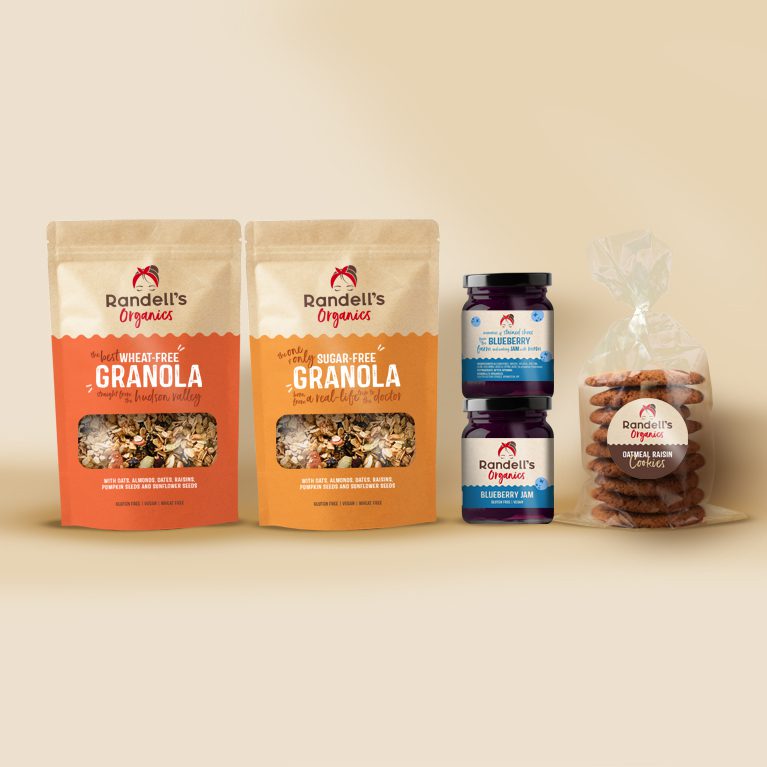 Photograph a full product line of granola, jams and cookies from Startup business Randell’s Organics, showcasing Cpg packaging design services.