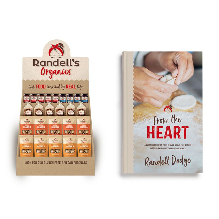 Render of a retail in store display and cookbook from startup business Randell’s Organics, showcasing a brand world and brand identity design services for consumer packaged goods.