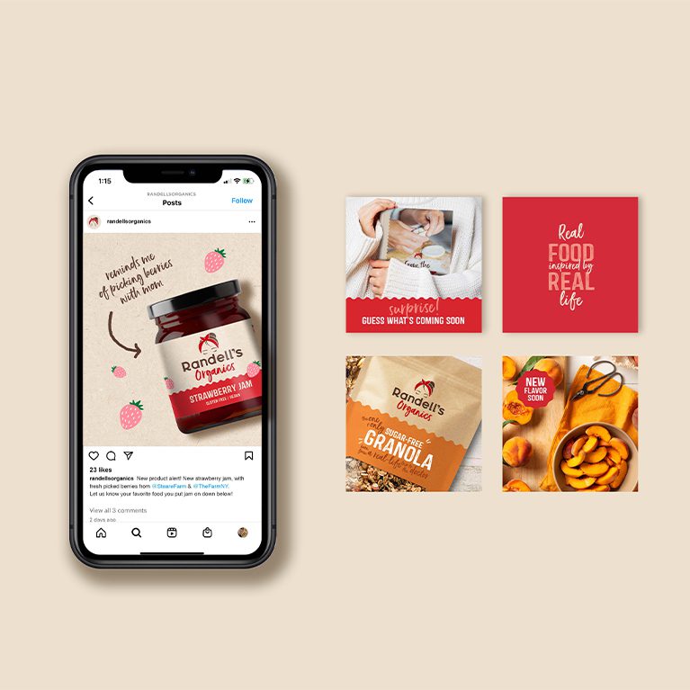 Render of a social media feed with product photography from startup business Randell’s Organics, showcasing a brand world and brand identity design services for consumer packaged goods.