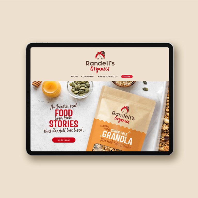 Render of a web store with product photography from startup business Randell’s Organics, showcasing a brand world brand identity design services for consumer packaged goods.