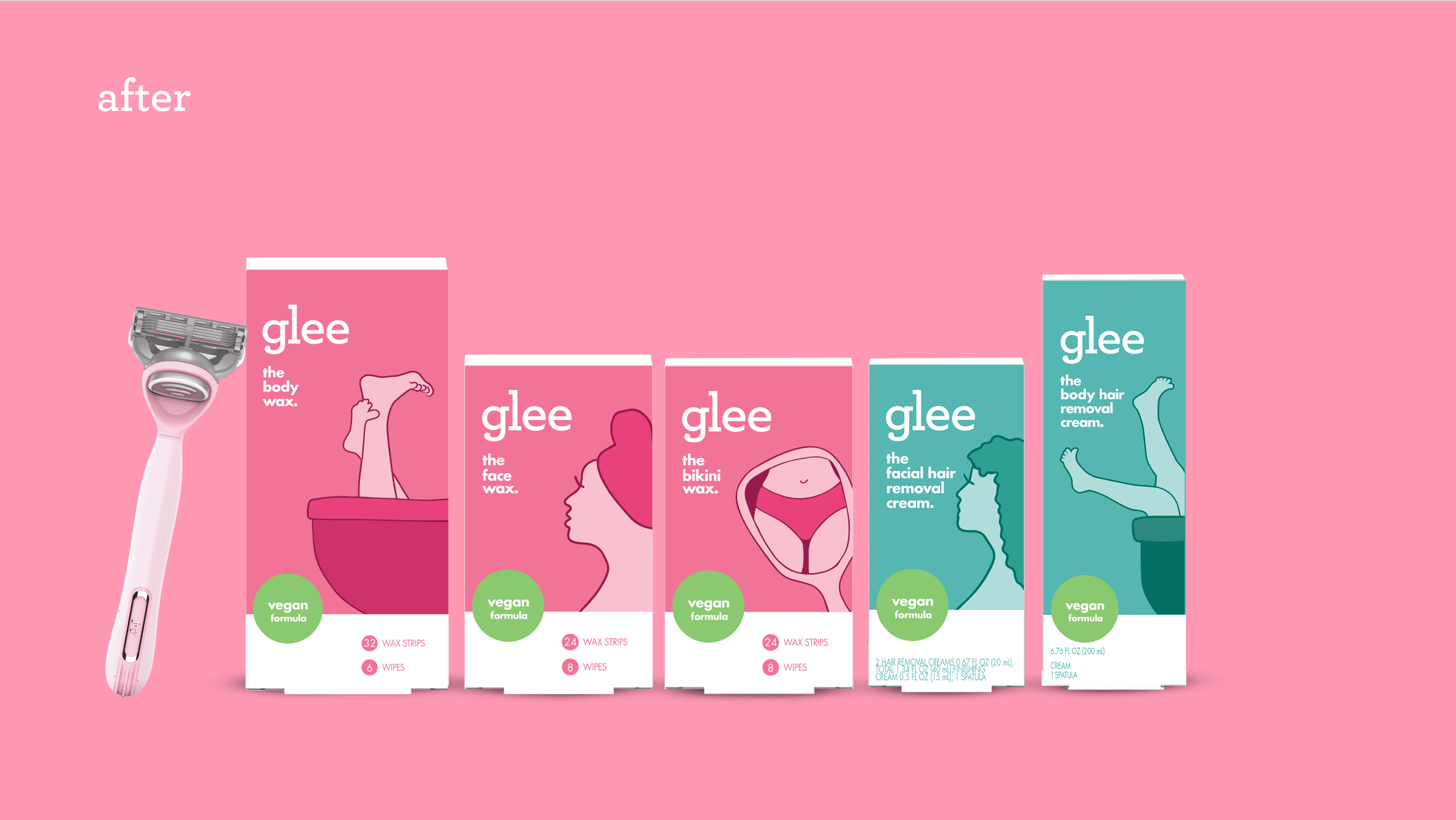 Photograph of a razor and five products from the Gillette Joy Glee product line of waxes and hair removal creams, showing the new packaging design after the brand refresh done by a product packaging design agency.